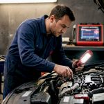 Un technicien effectue le contrôle d’un moteur dans un garage automobile.