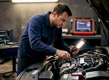 Un technicien effectue le contrôle d’un moteur dans un garage automobile.