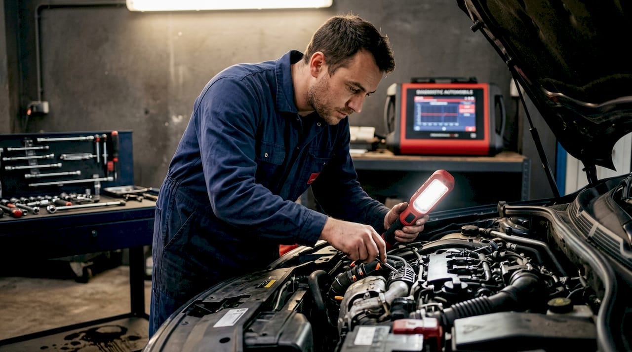 Un technicien effectue le contrôle d’un moteur dans un garage automobile.