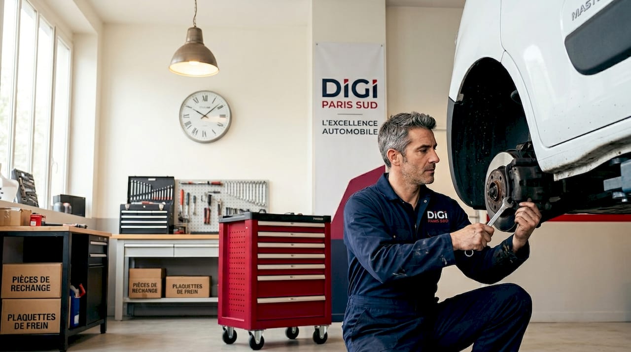 Un mécanicien examine un véhicule utilitaire dans son atelier.