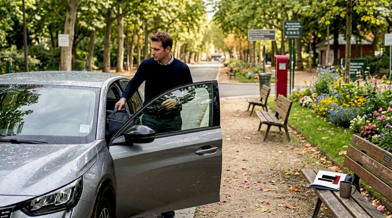 Un conducteur range son sac à l’intérieur de sa voiture équipée de vitres teintées.