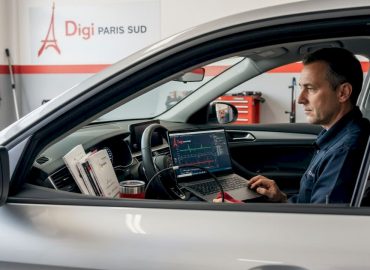1778488276692_Technician-tuning-car-engine-via-laptop-in-garage Un technicien règle le moteur d'une voiture à l'aide de son ordinateur portable dans l'atelier.