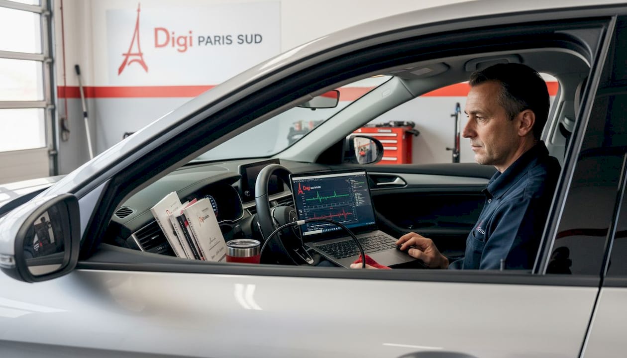 Un technicien règle le moteur d'une voiture à l'aide de son ordinateur portable dans l'atelier.