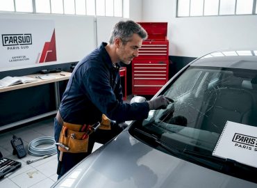 Un technicien examine attentivement un pare-brise fissuré dans un atelier.