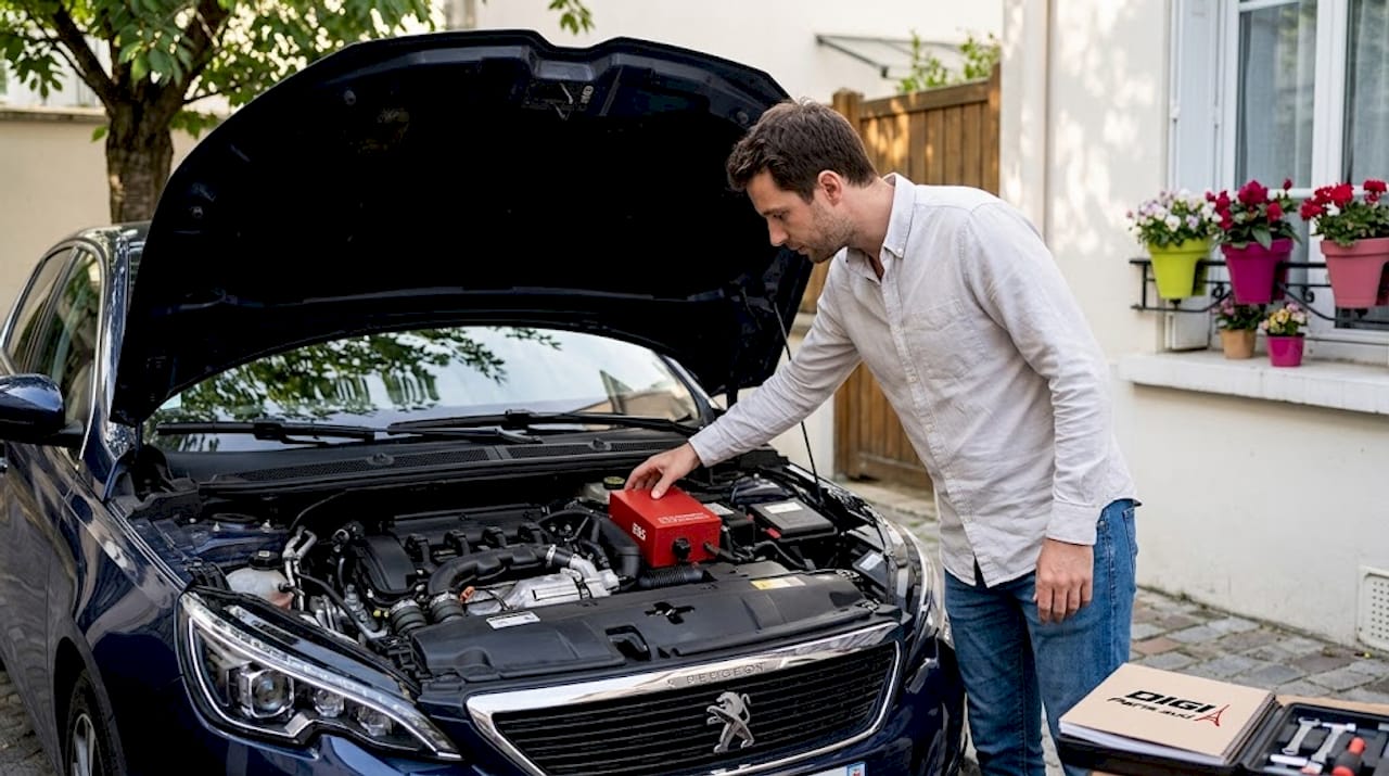 Un automobiliste français en train d’installer un boîtier de conversion E85 sous le capot de sa voiture.