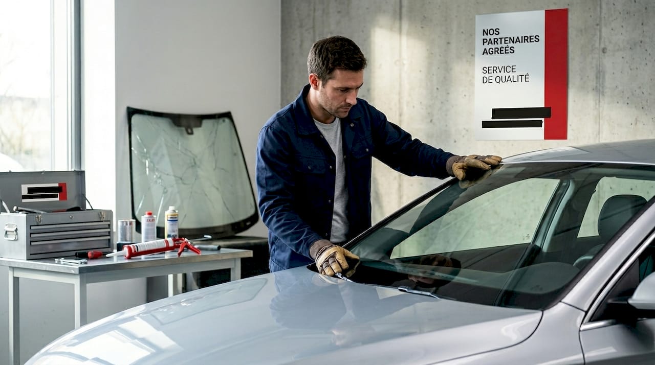 Un technicien procède au remplacement d’un pare-brise dans un atelier automobile.