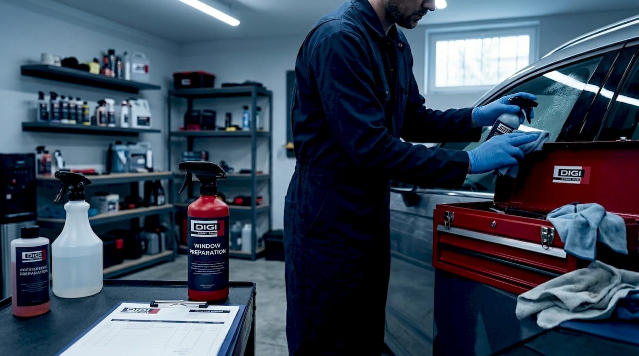 Un technicien s’affaire à la préparation d’une vitre teintée dans l’atelier.