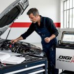 Un mécanicien en train d’analyser le moteur d’un véhicule dans son garage.
