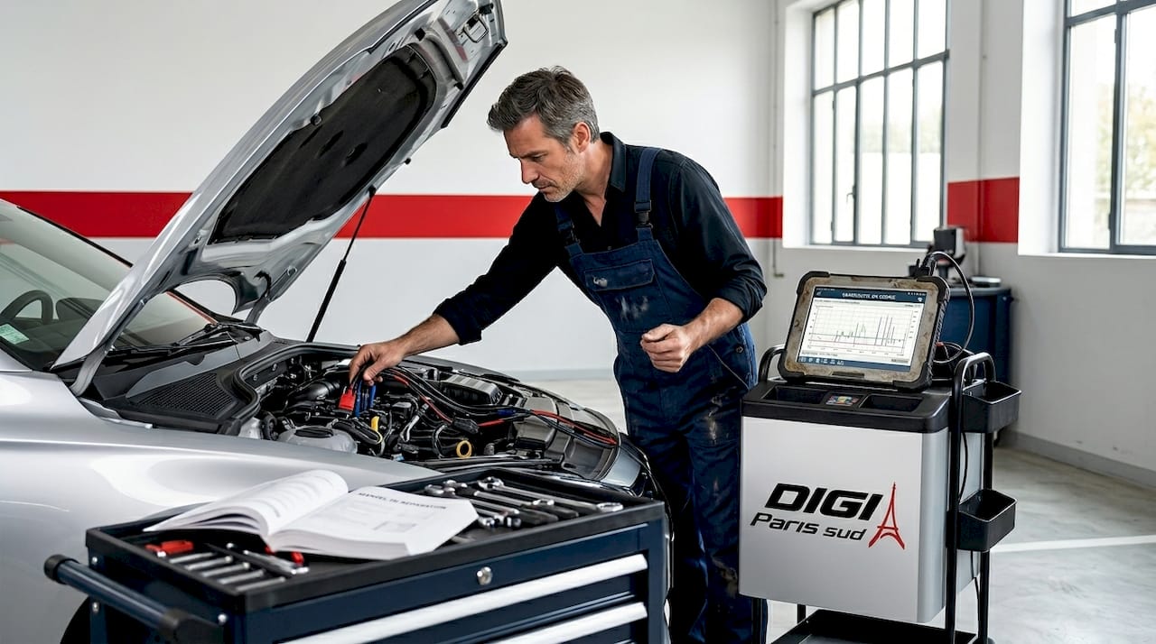 Un mécanicien en train d’analyser le moteur d’un véhicule dans son garage.