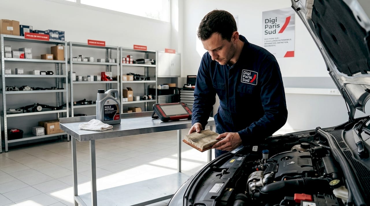 Un mécanicien examine le filtre à air d’une voiture pour s’assurer de son bon état.