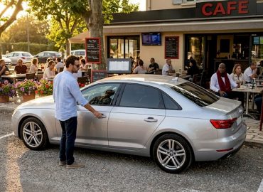 1779613230992_Voiture-moderne-avec-vitres-teintees-sur-parking-1 Une voiture récente aux vitres surteintées garée sur un parking.