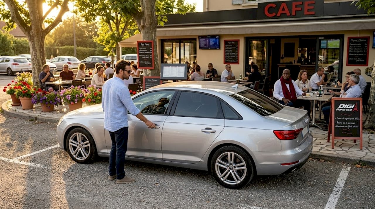 Une voiture récente aux vitres surteintées garée sur un parking.