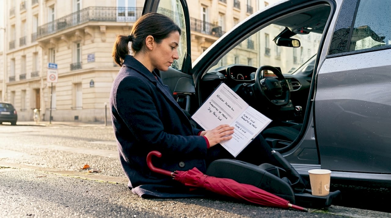 Après avoir parcouru une courte distance, un conducteur consulte son carnet d’entretien pour vérifier l’état de son véhicule.
