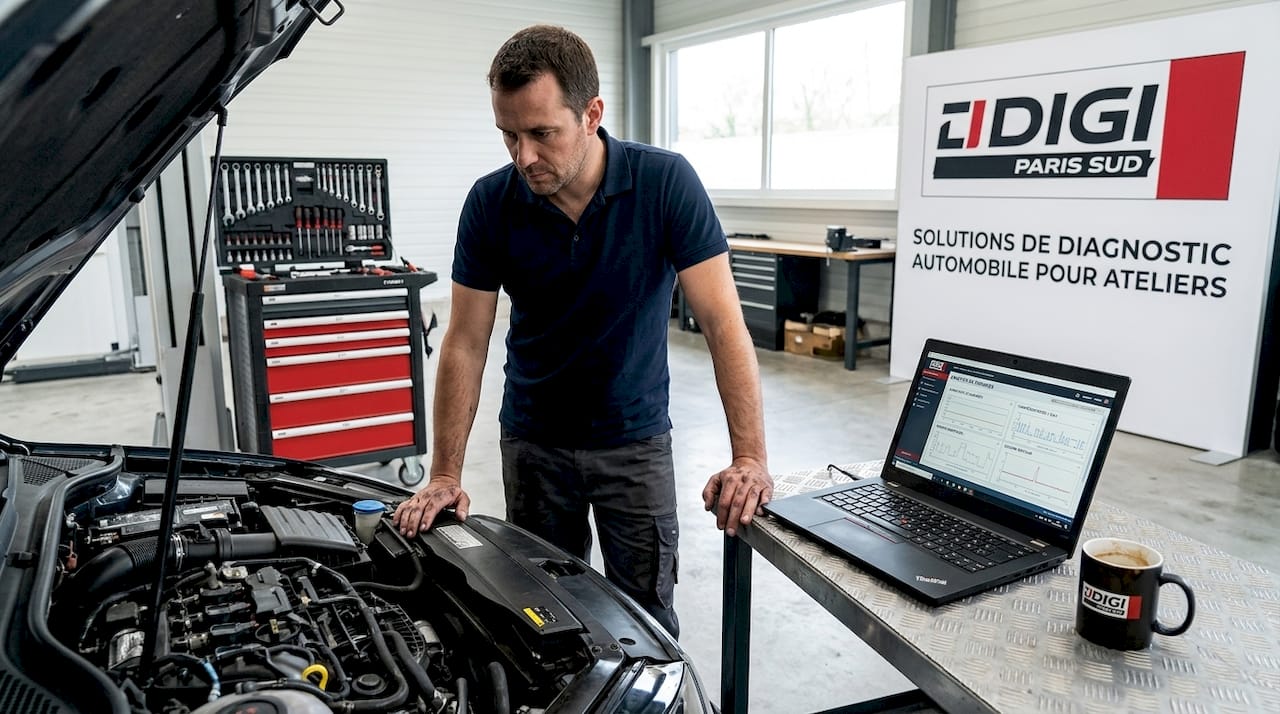 Un mécanicien examine attentivement le moteur d’une voiture, en train de réaliser un diagnostic pour identifier la panne.