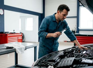 Un technicien procède à l’examen d’un moteur quatre cylindres sur son établi, au cœur de l’atelier.
