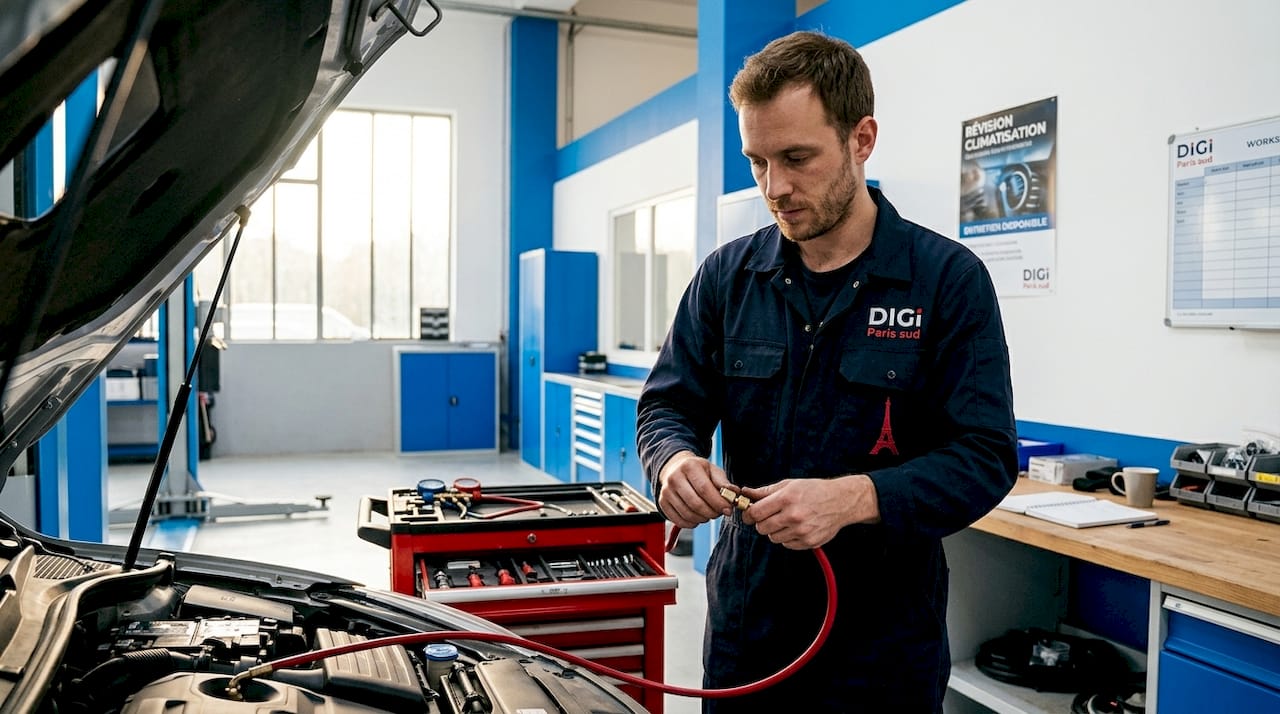 Un technicien procède à la recharge du système de climatisation d’une voiture.