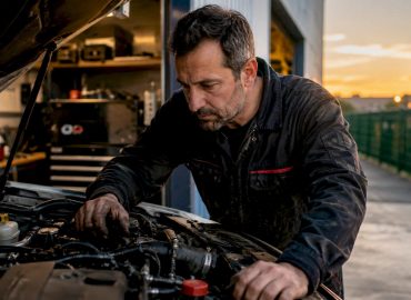 Un mécanicien examine le dessous d’une voiture dans son atelier.