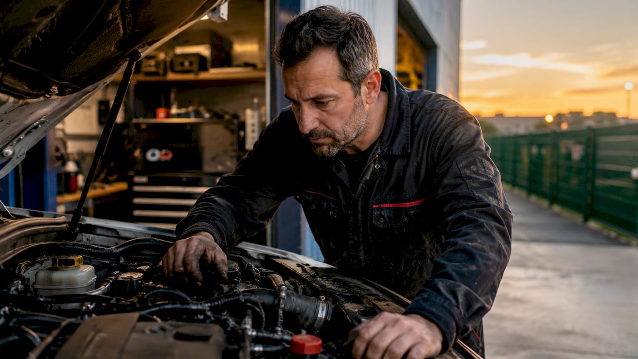 Un mécanicien examine le dessous d’une voiture dans son atelier.