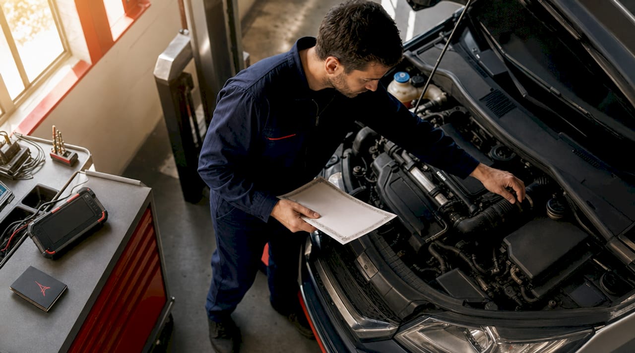 Un technicien pose fièrement à côté d’un moteur de voiture, certificat en main.
