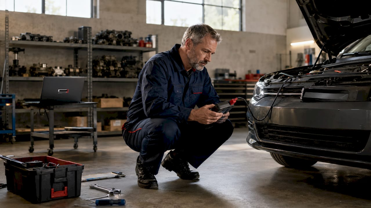 Un mécanicien effectue un diagnostic moteur dans son atelier.