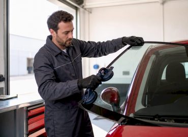 1780808601246_Technician-preparing-windshield-replacement-indoors Un technicien s’apprête à remplacer un pare-brise dans un atelier.
