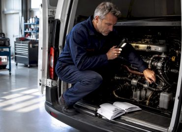 1781065883355_Mechanic-inspecting-diesel-engine-in-garage Un mécanicien examine minutieusement un moteur diesel dans son atelier.