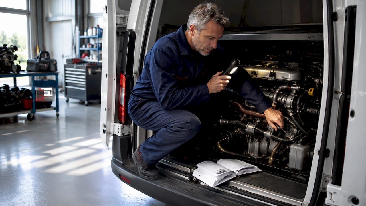 Un mécanicien examine minutieusement un moteur diesel dans son atelier.