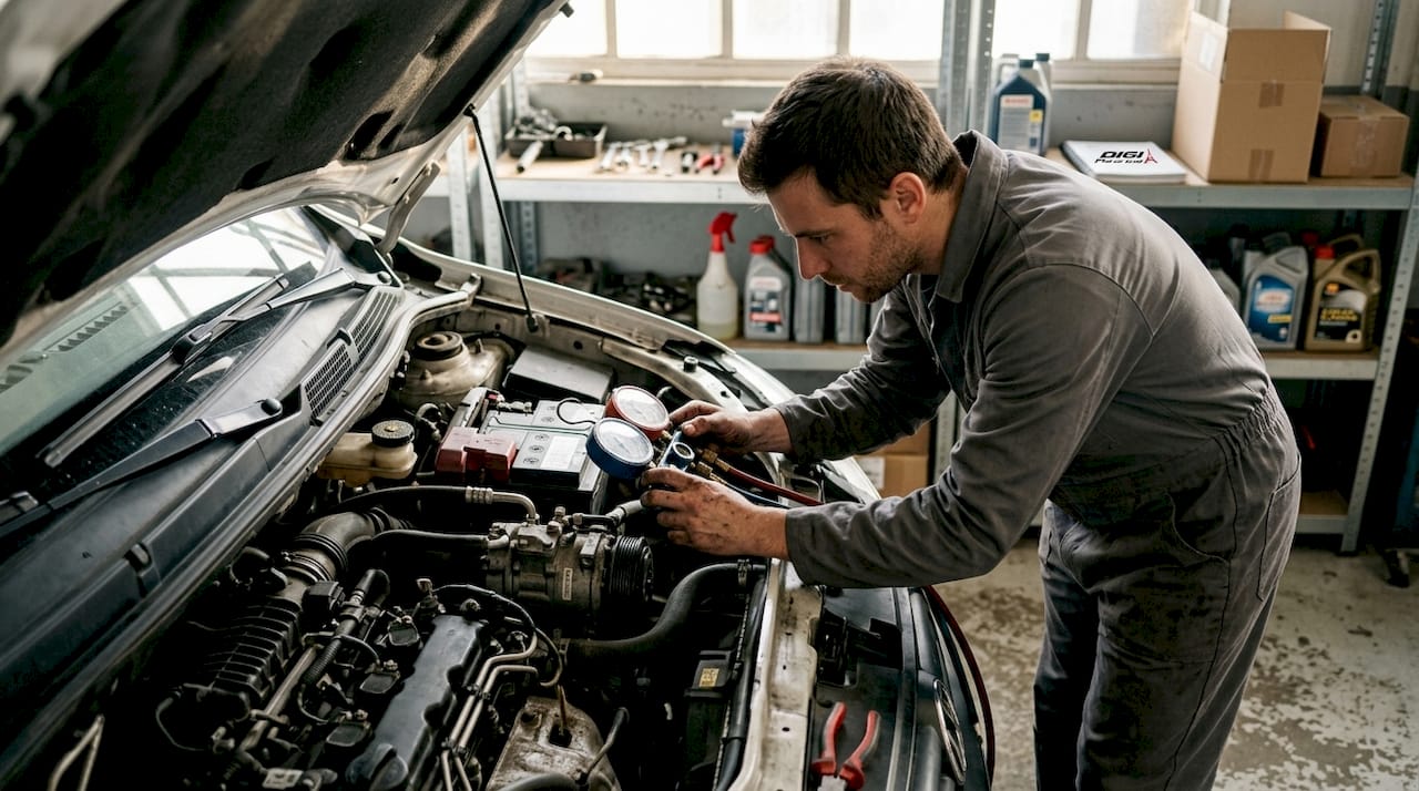 Un technicien procède à la vérification du système de climatisation d’une voiture.
