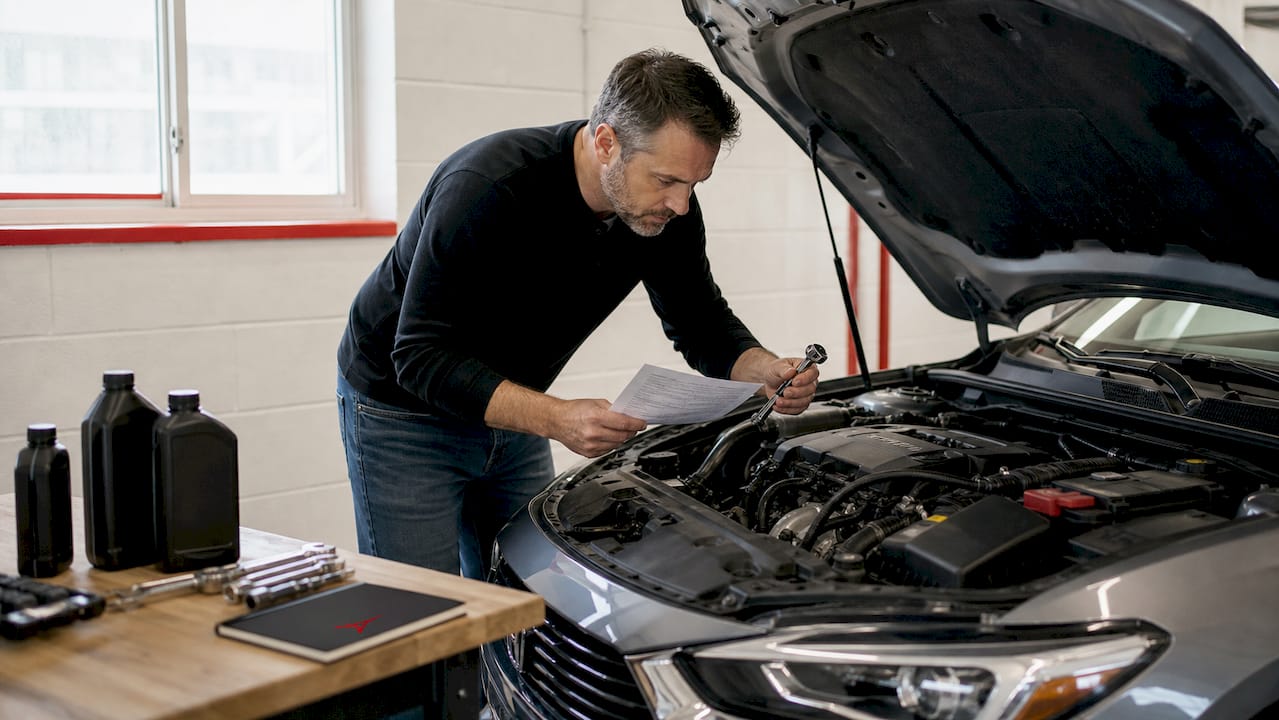 Un homme effectue le contrôle du moteur à l’aide d’une liste de vérification.