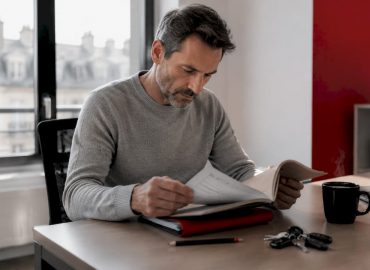 1781329036222_Homme-consultant-carnet-d-entretien-a-table Un homme feuillette son carnet d’entretien, assis à table.