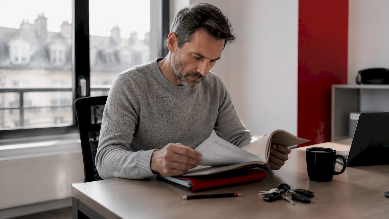 Un homme feuillette son carnet d’entretien, assis à table.