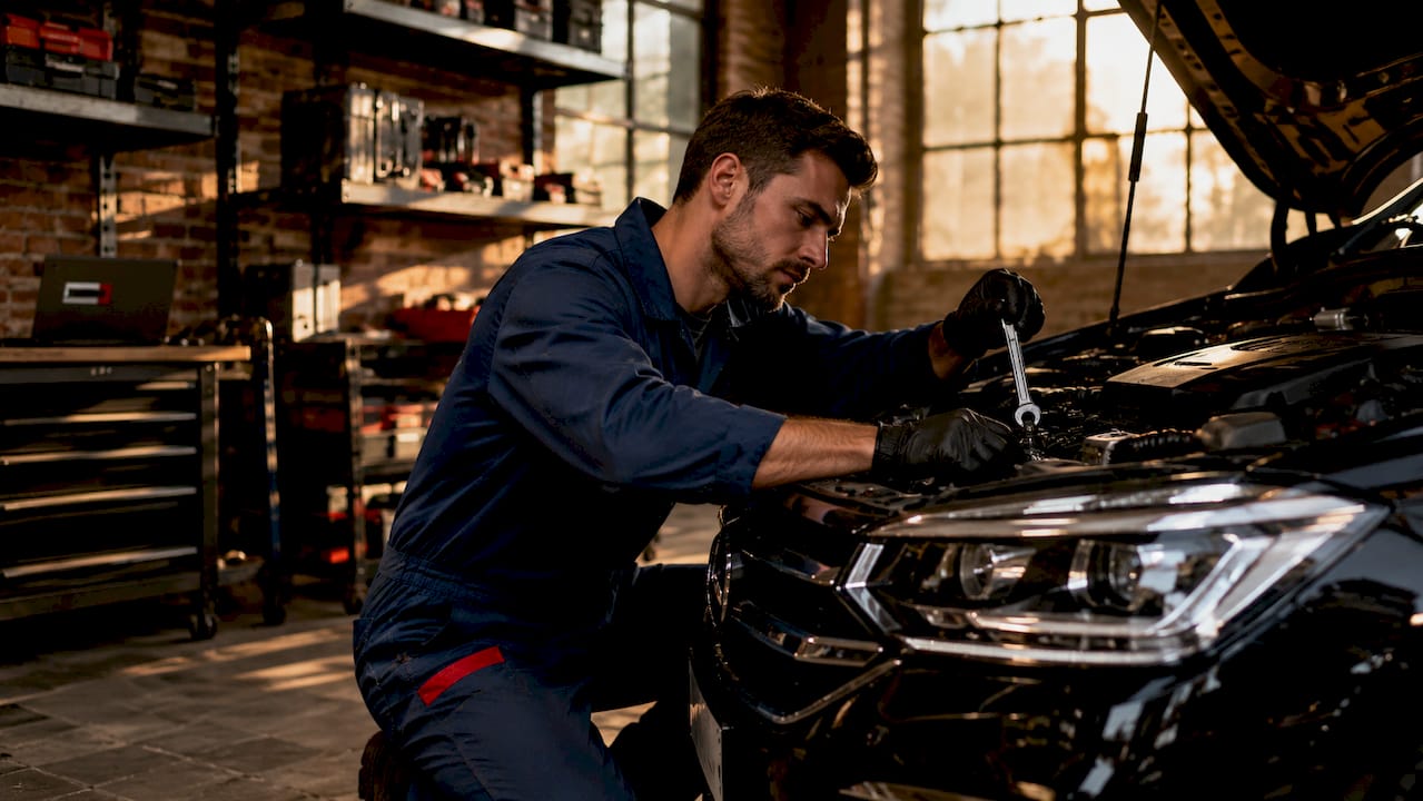 Un mécanicien s’affaire sous le capot d’une voiture dans son atelier.