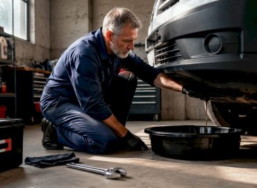 1781762760481_Mechanic-changing-motor-oil-in-garage Un mécanicien effectue une vidange d’huile moteur dans son atelier.