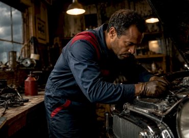 Un mécanicien en pleine réparation d'une voiture dans son garage.