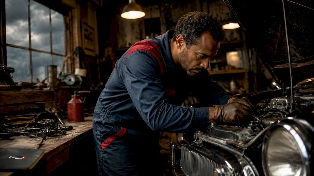 Un mécanicien en pleine réparation d'une voiture dans son garage.
