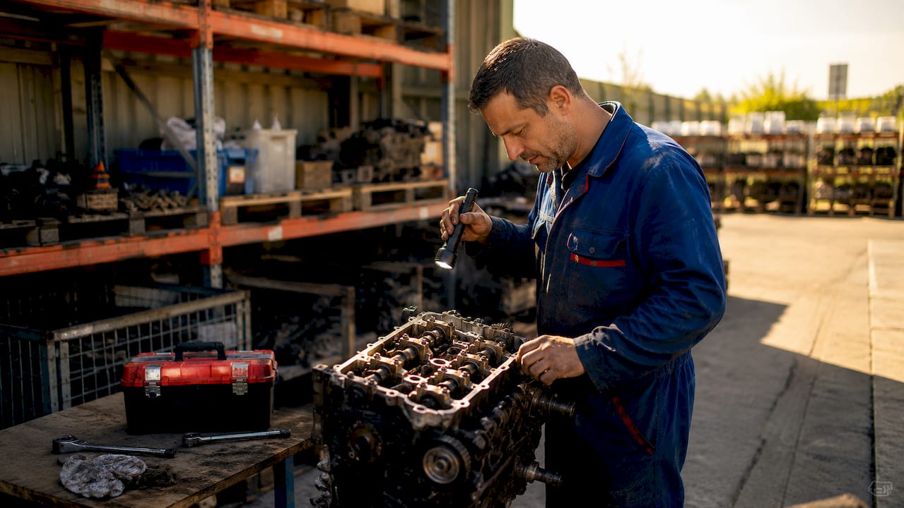 Un mécanicien examine minutieusement le moteur d’une voiture dans son atelier.