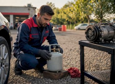 1782892343073_Technicien-examinant-fluide-climatisation-auto Un spécialiste contrôle le liquide de climatisation d’un véhicule.