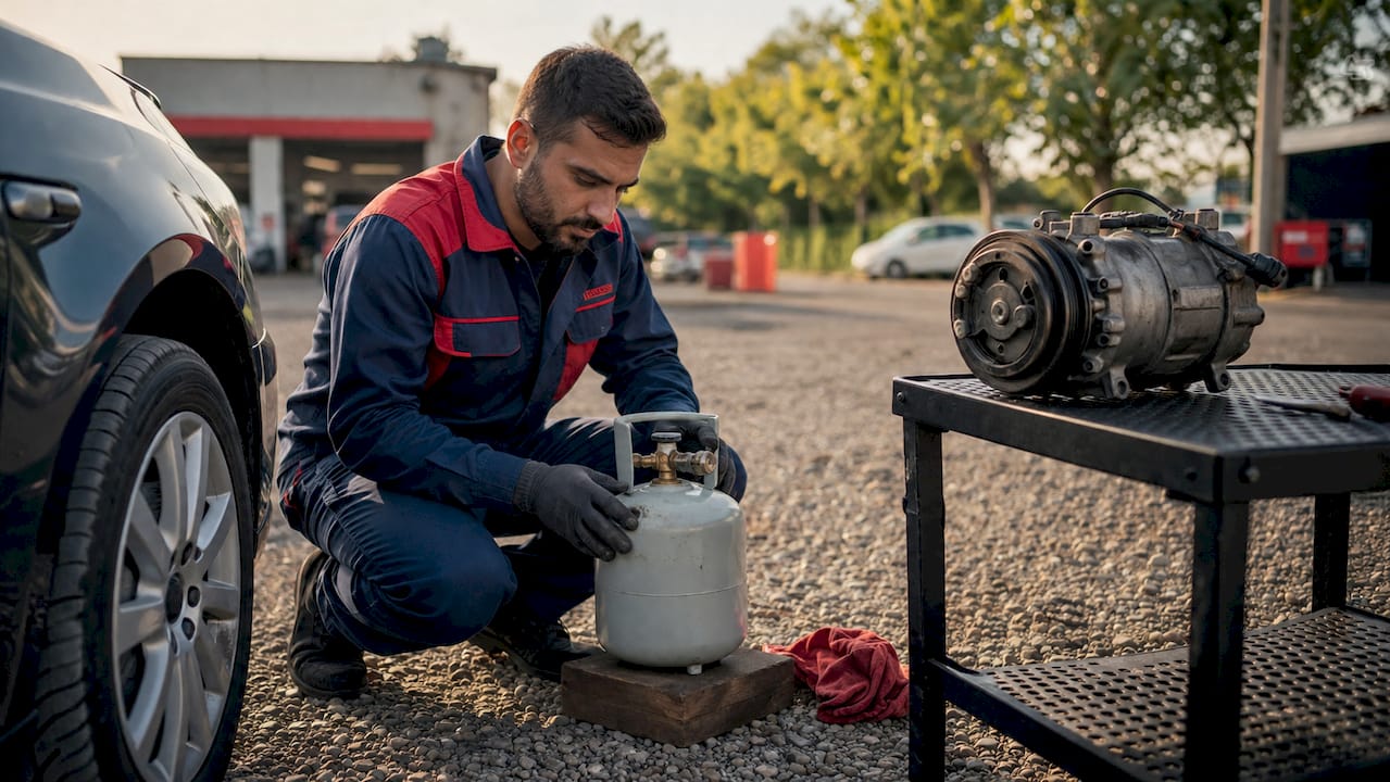Un spécialiste contrôle le liquide de climatisation d’un véhicule.