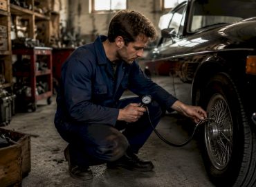 Un garagiste vérifie la pression des pneus sur une voiture.