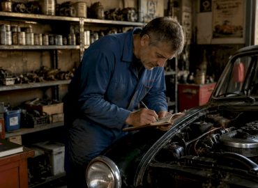 Un mécanicien examine minutieusement le moteur d’une voiture dans son atelier.