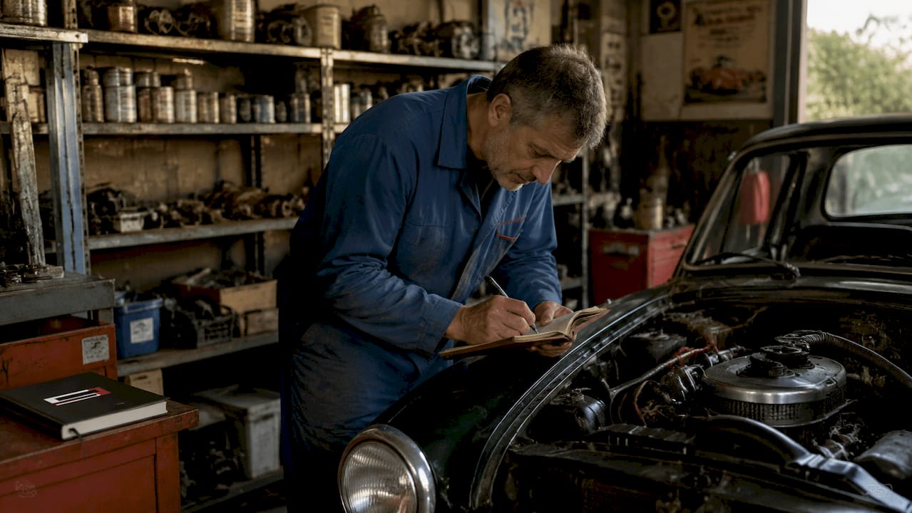 Un mécanicien examine minutieusement le moteur d’une voiture dans son atelier.