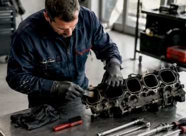1783489892412_Mecanicien-nettoyant-collecteur-d-admission-moteur Un mécanicien en plein nettoyage du collecteur d'admission d'un moteur