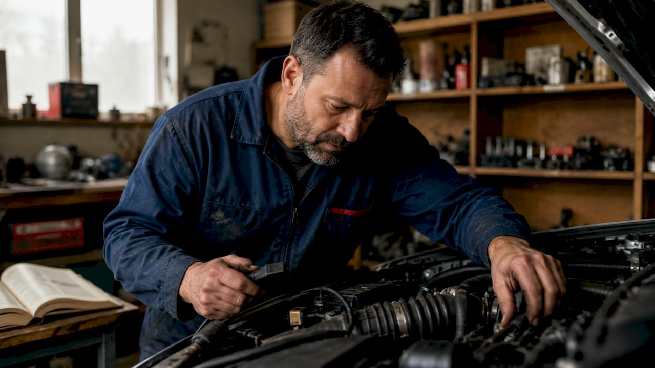 Un technicien contrôle le moteur d’une voiture adaptée pour fonctionner à l’éthanol.