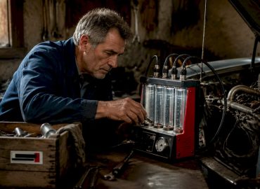 1783666377611_Mecanicien-nettoyant-injecteurs-dans-atelier Un mécanicien procède au nettoyage des injecteurs dans son atelier.