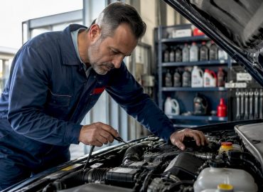 1783755528649_Mechanic-inspecting-dirty-engine-in-garage Un mécanicien examine attentivement un moteur encrassé dans son atelier.
