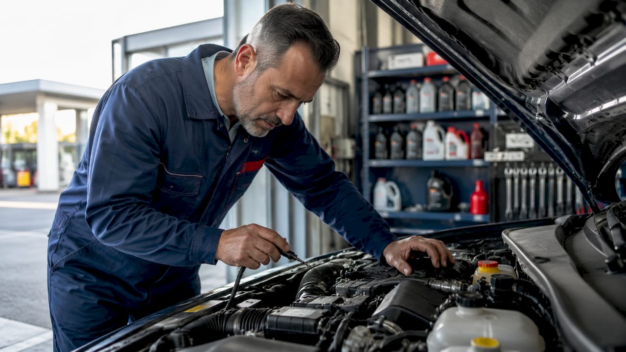 Un mécanicien examine attentivement un moteur encrassé dans son atelier.