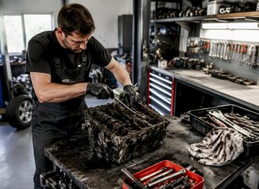 1783840267411_Mecanicien-demontant-un-moteur-pour-desuiage Un mécanicien en train de démonter un moteur pour effectuer un décalaminage.