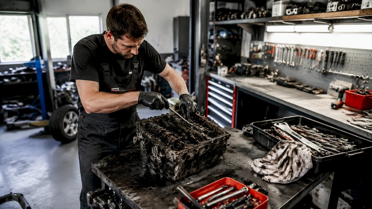Un mécanicien en train de démonter un moteur pour effectuer un décalaminage.