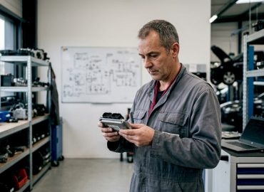 1783958840645_Technician-inspecting-an-ECU-module-in-workshop Un technicien examine un boîtier électronique dans l’atelier.