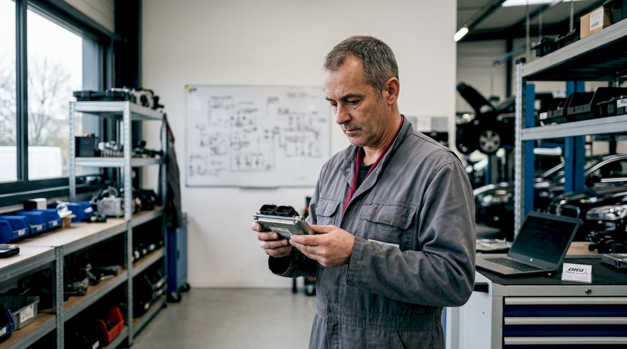 Un technicien examine un boîtier électronique dans l’atelier.
